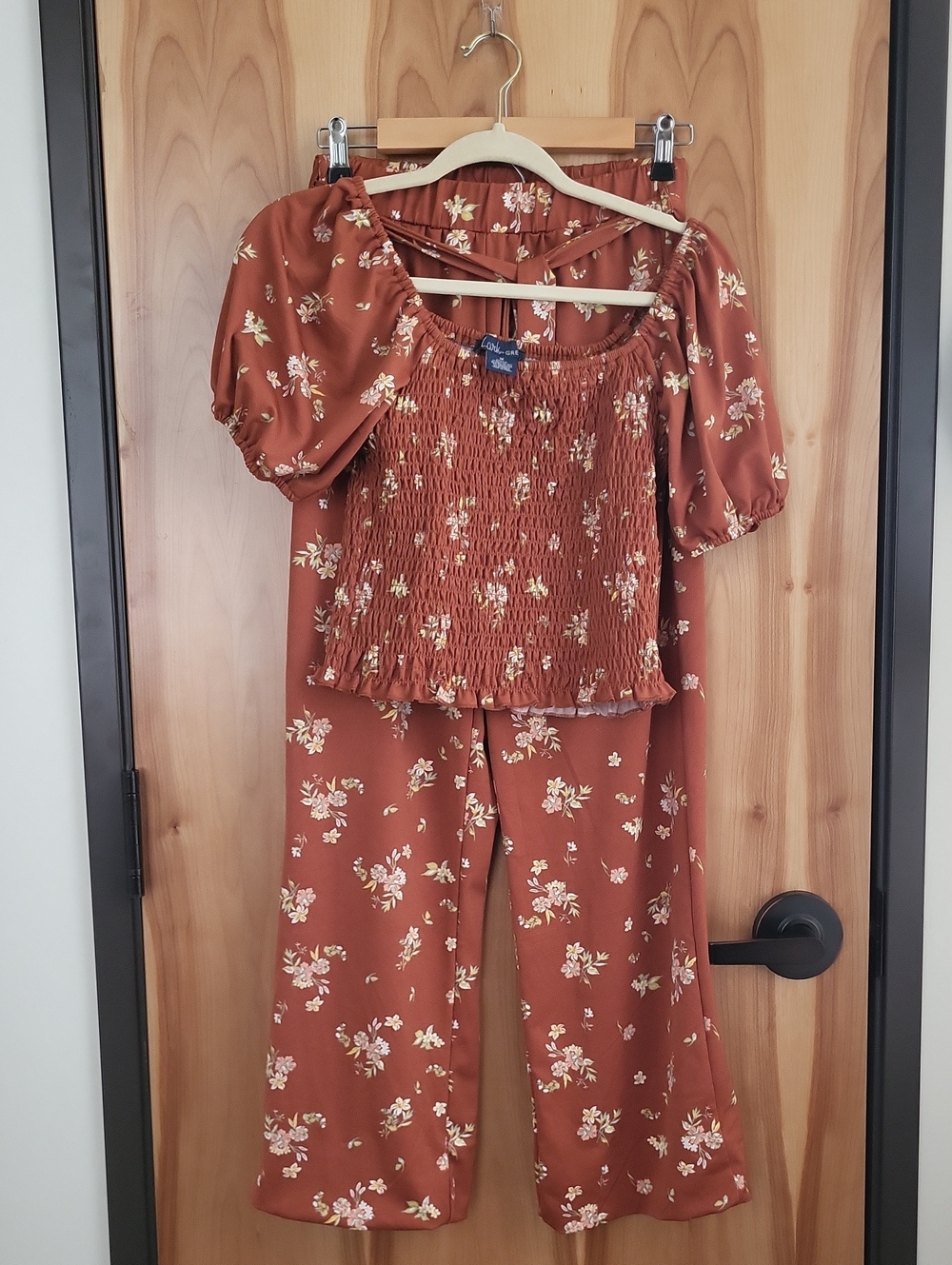 Lark & Gray Smocked Floral Wide-Leg Jumpsuit Set - Rust